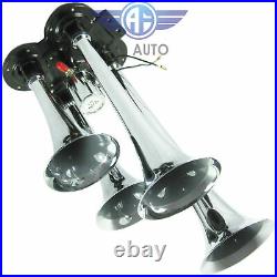 4 Trumpet Chrome Air Horn With 150 PSI 3 Liter 12V Air Compressor