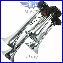4 Trumpet Chrome Air Horn With 150 PSI 3 Liter 12V Air Compressor