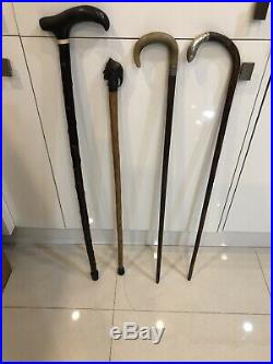 4x Antique Walking Canes Sticks 2 With Silver, 2 Horns, & 1 Bronze Head Of Dante