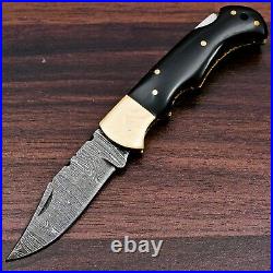 50Pcs Of Lot Handmade Damascus Steel Folding Pocket Knife With Black Horn Handle