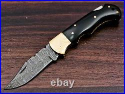 50Pcs Of Lot Handmade Damascus Steel Folding Pocket Knife With Black Horn Handle