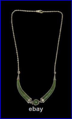 925 Double Horn Green Jade Gold Tone Necklace 17 in Hallmarked With Ladybug
