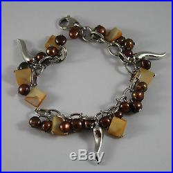 925 Rhodium Silver Bracelet With Brown Pearls, Mother Of Pearl And Horns Charm