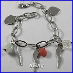 925 Rhodium Silver Bracelet With Rose Jade, Crack Cristal, Hearts And Horns