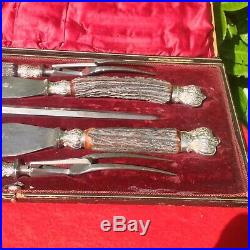 A Lovely Stag Horn With Silver Mounts Antique Victorian Carving Set Original Box