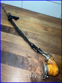 ANTIQUE 19thC LONG MEERSCHAUM SMOKING PIPE WITH SILVER MOUNTS & HORN