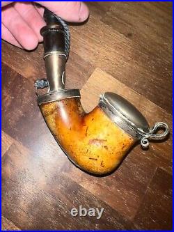 ANTIQUE 19thC LONG MEERSCHAUM SMOKING PIPE WITH SILVER MOUNTS & HORN