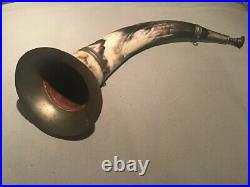 ANTIQUE HUNTING STYLE HORN BUGLE WITH SILVER PLATE MOUNTS PROB SCOTTISH c1880