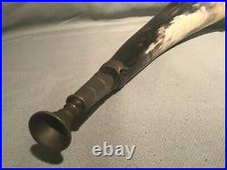 ANTIQUE HUNTING STYLE HORN BUGLE WITH SILVER PLATE MOUNTS PROB SCOTTISH c1880