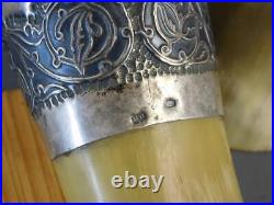 ANTIQUE RUSSIAN 875 SILVER & HORN CEREMONIAL DRINKING CUP with STAND