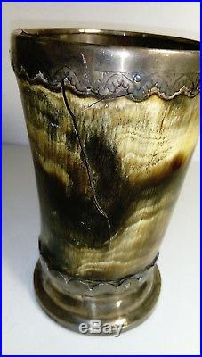 ANTIQUE SILVER Horn Cup with Silver Liner early 19th c 15 cm approx