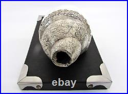 ANTIQUE TIBETAN BUDDHIST CEREMONIAL HORN WITH CARVED SILVER OVERLAY MID 19th C