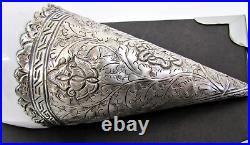 ANTIQUE TIBETAN BUDDHIST CEREMONIAL HORN WITH CARVED SILVER OVERLAY MID 19th C