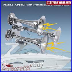 Air Horn 150 Psi Triple Trumpet Chrome With 3 Liter 12v Air Compressor