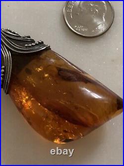Amber With Insect Yellowish Fat Bug Horns Silver Unique Pendant Baltic Vintage