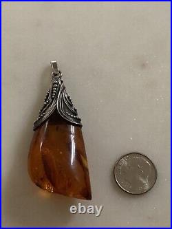 Amber With Insect Yellowish Fat Bug Horns Silver Unique Pendant Baltic Vintage