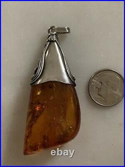 Amber With Tardigrade Yellowish Fat Bug Horns Silver Unique Pendant Baltic