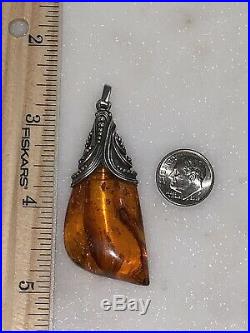 Amber With Yellowish Fat Bug With Horns Sterling Silver Unique Pendant Baltic