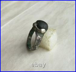 Ancient Viking Old Silver Horned Ring with Black Glass Super Rare