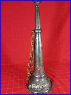 Antique 1909 Silver Plated Firemans Trumpet Horn with tassle and engravings