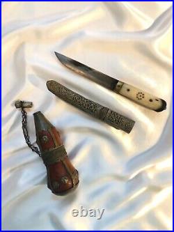 Antique Afghani Silver Covered Gourd Powder Horn and Dagger with Sheath Lot of 2