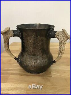 Antique American Sterling Silver Large Pass Cup With Three Antler Horn Handles