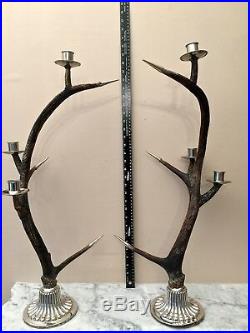 Antique Antler Stag Horn Candelabra Pair with Sterling Silver