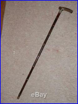 Antique Bamboo Walking Stick Bovine Horn Handle With Silver Spotted Collar