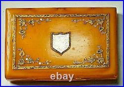 Antique Blonde Horn Snuffbox with Gold Silver Mother of Pearl Inlays circa 1800