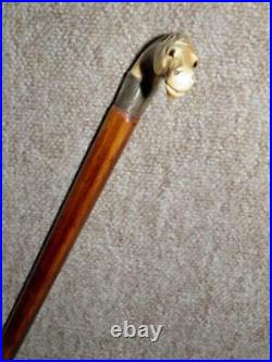 Antique Bovine Horn Horse Head WithGlass Eyes Walking Stick/Cane With Silver Collar
