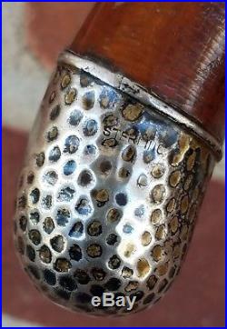 Antique Cane Walking Stick Malacca Wood & Hammered Sterling Silver with Horn Tip