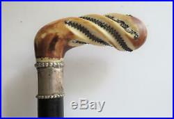 Antique Carved Horn Walking Cane With Sterling Silver