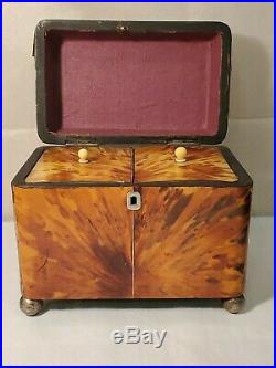 Antique Circa 1800 Double Tea Caddy with Horn Veneer and Silver Feet/name plate