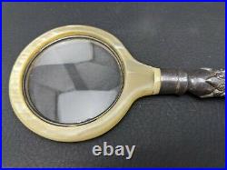 Antique Coffret Sterling Silver Magnifying Glass with Horn Rim Made in Italy