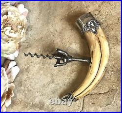 Antique Cork Screw Boar Horn with Sterling Silver handle / tip Victorian 1880's