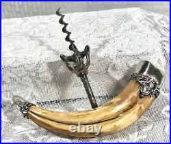 Antique Cork Screw Boar Horn with Sterling Silver handle / tip Victorian 1880's