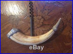 Antique Corkscrew, Horn Or Tusk With Sterling Silver Grape Vine Cap And Tip