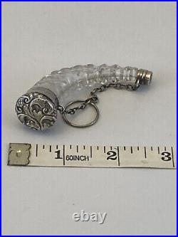 Antique Cut Glass Horn Shaped Perfume Bottle with untested Silver Top & Bottom