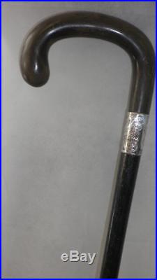 Antique Ebonised Walking Stick With Hallmarked Silver Collar-Bovine Horn Handle