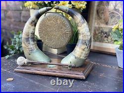 Antique Edwardian Brass Dinner Gong With Silver Plated Mounted Horns