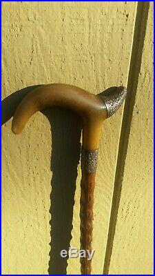 Antique English walking cane/stick with horn/silver