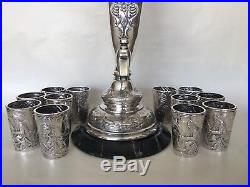 Antique FABERGE Russian 1890s Wine Horn-Form Urn With 12 Beakers Set 84 Silver