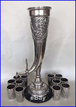 Antique FABERGE Russian 1890s Wine Horn-Form Urn With 12 Beakers Set 84 Silver