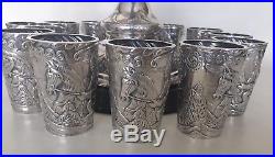 Antique Fabergé 1890s Wine Horn-Form Urn With 12 Beakers Set 84 Silver Mark