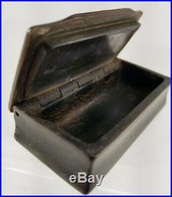 Antique Fine Carved Horn Snuff Box with Inaid Silver Decoration Faux Tortoise