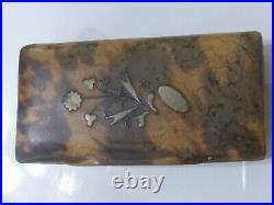 Antique Fine Carved Horn Snuff Box with Inaid Silver Flora Decorations Victorian