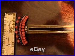 Antique Georgian Coral Tiara Bead Hair Pin with Blonde Horn Comb c1820 Regency
