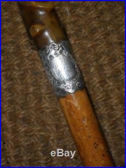 Antique H/M 1908 Silver Ladies Dress Cane With Bovine Horn Carved Handle- 78cm