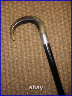 Antique H/M 1912 Silver Bovine Crook Horn Handle Walking Stick'J. G. D' 87cm