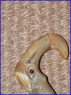 Antique Hallmarked Silver LDN 1880 Bovine Horn Birds Head Top Glass Eyes'W. H. E